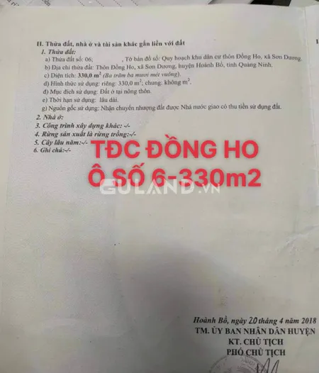 TĐC ĐỒNG HO - XÃ SƠN DƯƠNG