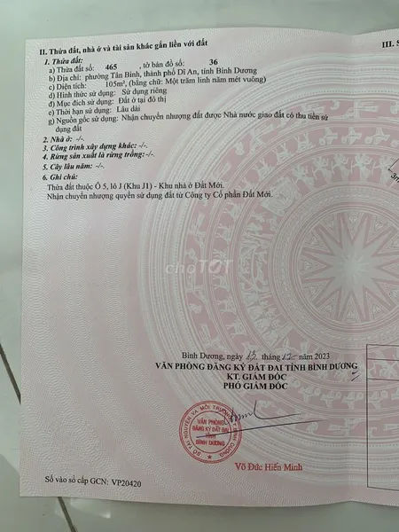 Chính chủ bán đất ở Phường Tân Bình - Dĩ An - Bình Dương