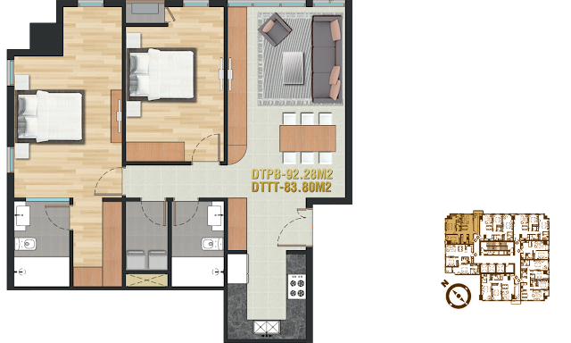 Căn hộ 6 (92,28 m2 | 2 phòng ngủ)