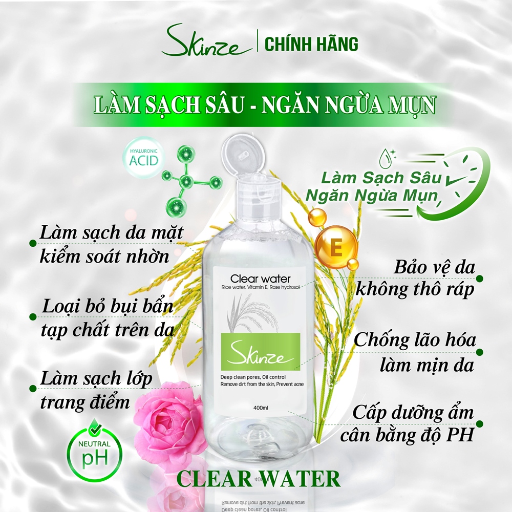 Nước tẩy trang Skinze Clear Water chiết xuất Nước gạo lên men Nước hoa hồng Niacinamide (B3) làm sạch sâu từ trong lỗ chân lông