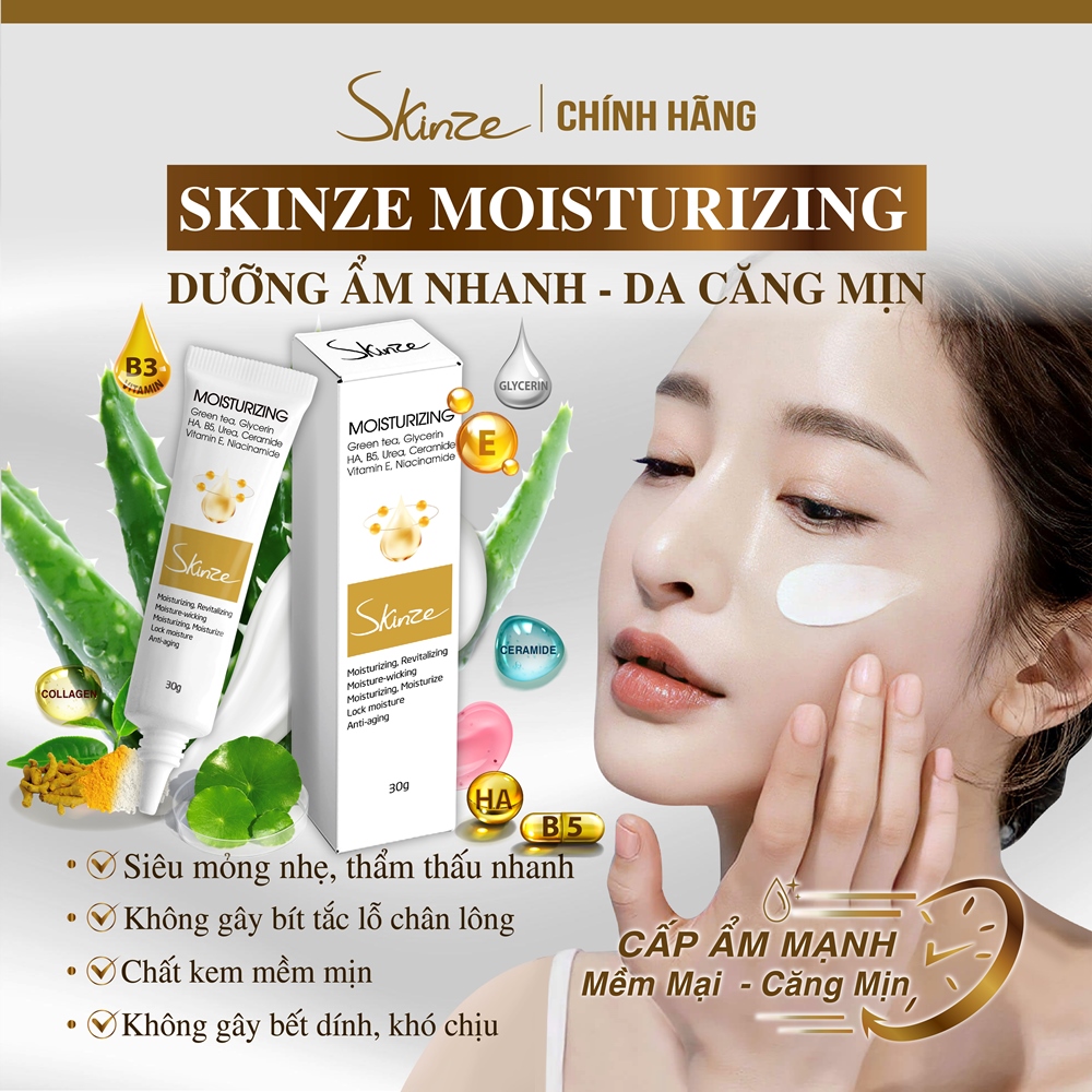 Kem dưỡng ẩm Skinze Moisturizing - Làm mịn và cung cấp độ ẩm cho da với chiết xuất Rau má HA Glycerin Niacinamide B3 B5 Vitamin E - Chống lão hóa hiệu quả
