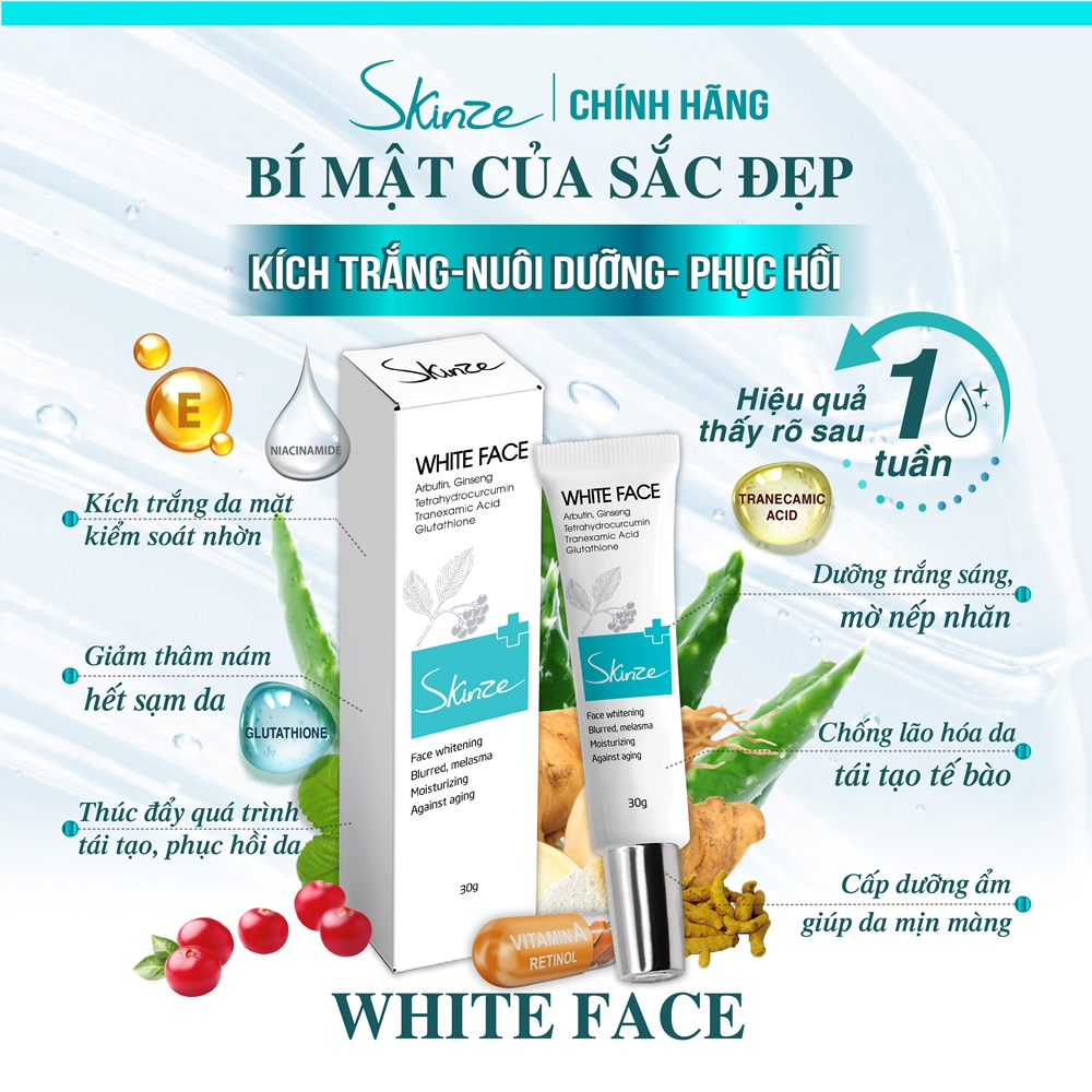 Kem dưỡng trắng da mặt Skinze White Face chống lão hóa và làm mờ thâm nám với các thành phần như Alpha Arbutin Nhân sâm BHA Retinol Glutathione và B5