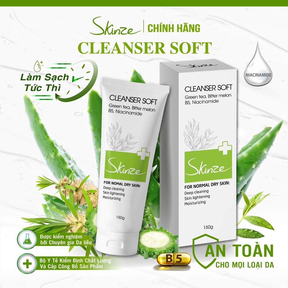 Sữa rửa mặt Skinze Cleanser Soft cho da khô thường nhạy cảm Trà Xanh Tràm Trà Khổ Qua B5 Lô Hội