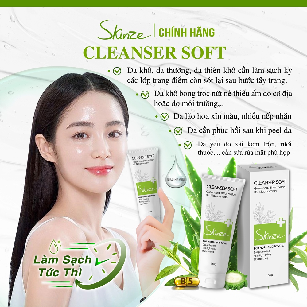 Sữa rửa mặt Skinze Cleanser Soft với Trà Xanh, Tràm và Khổ Qua B5 Lô Hội dành cho da khô thường nhạy cảm