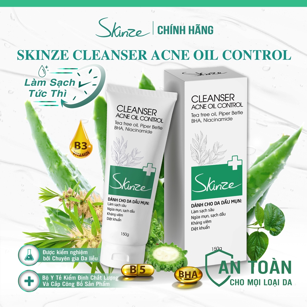 Sữa rửa mặt Skinze Acne Oil Control - Công thức đặc biệt cho da dầu mụn với Tràm trà Trầu không và BHA Vitamin B5
