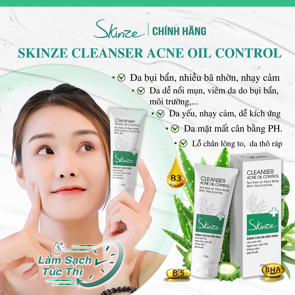 Sữa rửa mặt Skinze Acne Oil Control cho da dầu mụn Tràm trà Trầu không Khổ qua BHA Vitamin B5