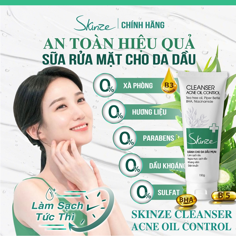 Sữa rửa mặt Skinze Acne Oil Control - Công thức đặc biệt cho da dầu mụn với Tràm trà Trầu không và BHA Vitamin B5