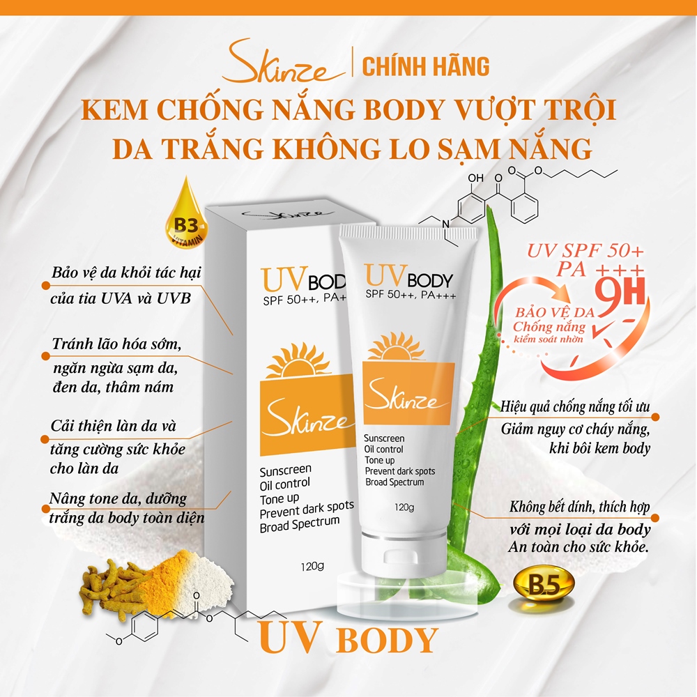 Kem chống nắng toàn thân Skinze UV Body Tone up phổ rộng SPF50+ PA++++ - bảo vệ da khỏi tác động của UVA và UVB
