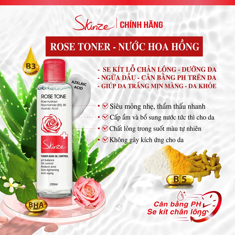 Nước hoa hồng Toner Skinze Acne Oil Control chứa Diếp cá Hoa hồng BHA Niacinamide Azelaic Acid và Tetrahydro Curcumin - Sản phẩm dành cho da dầu mụn